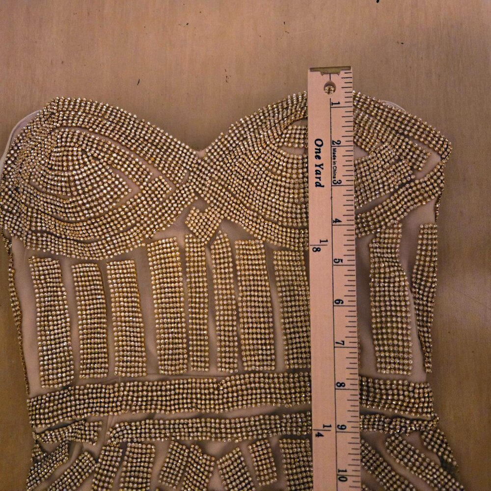 Andrea & Leo Gold Beaded Crystal Embellished Evening Strapless Gown Size 6 - Picture 11 of 13